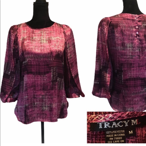 Tracy M blouse pullover abstract pattern full layered sleeve detail size medium - Picture 2 of 12